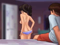 1boy 1girls 2d areolae ass bed bed_sheet bedroom bottomwear bra_removed brown_hair brown_hair clothed clothing darkcookie digital_drawing_(artwork) digital_media_(artwork) duo ear_piercing earrings female hairband half-dressed half_naked light-skinned_female light-skinned_male light_skin looking_at_partner main_character_(summertime_saga) male male/female medium_breasts mia_(summertime_saga) on_bed panties pants pants_down pants_removed piercing piercings ponytail shirt shorts sideboob sitting sitting_on_bed standing stripping summertime_saga topless topwear turning_around underwear undressing unseen_male_face