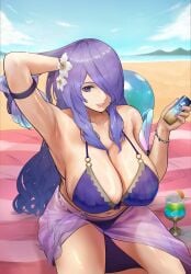 1girls alternate_costume arm_behind_head armpits beach bikini blue_sky breasts camilla_(fire_emblem) camilla_(summer)_(fire_emblem) cleavage cloud day female female_only fire_emblem fire_emblem_fates fire_emblem_heroes flower hair_flower hair_ornament hair_over_one_eye highres large_breasts lips long_hair looking_at_viewer lotion mixed-language_commentary nintendo official_alternate_costume one_eye_covered outdoors pink_lips purple_bikini purple_eyes purple_hair purple_sarong purple_swimsuit rype sarong see-through sitting sky solo sunscreen swimsuit very_long_hair white_flower