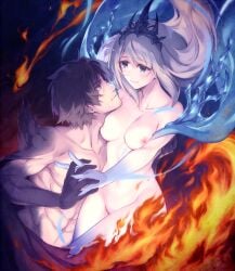 1boy black_hair blue_eyes clive_rosfield couple cuddling eikon female final_fantasy final_fantasy_xvi grey_hair holding_hands ifrit_(final_fantasy) itoichi. jill_warrick long_hair nude shiva_(final_fantasy) smile straight transformation