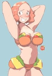 armpits atlus barely_clothed blush cleavage fast_food fast_food_employee female haru_okumura persona persona_5 sweat wavy_hair