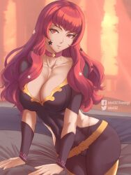 1girls arm_support belt breasts choker cleavage commentary facial_mark female female female_only fire_emblem fire_emblem_engage highres johncgz large_breasts long_hair looking_at_viewer nintendo purple_choker red_eyes red_hair seductive seductive_smile short_sleeves smile solo star_(symbol) thighs very_long_hair yellow_belt yunaka_(fire_emblem)