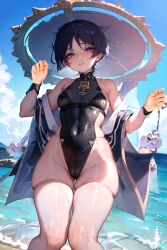 1girls ai_generated bikini black_hair blue_eyes female genderswap_(mtf) genshin_impact scaramouche_(genshin_impact) small_breasts space_o_space stable_diffusion