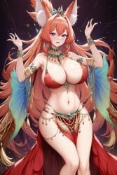 ai_generated ai_generated_background anime_style belly_dancer_outfit big_breasts collar fox_ears fox_tail red_fur red_hair