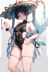 1girls ai_generated bikini black_hair blue_eyes female genderswap_(mtf) genshin_impact scaramouche_(genshin_impact) small_breasts space_o_space stable_diffusion