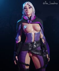 1girls 3d alternate_version_available areolae blender bottomwear breasts breasts_out cape clothed clothing epic_games female female_focus female_only fortnite highres lewdrex light-skinned_female light_skin medium_breasts multicolored_hair nipples no_panties oil oiled oiled_skin oily pose posing presenting presenting_breasts presenting_pussy purple_eyes pussy pussy_lips pussy_peek shiny shiny_skin simple_background solo solo_focus topwear torin_(fortnite) twintails two_tone_hair vagina watermark