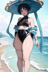 1girls ai_generated bikini black_hair blue_eyes female genderswap_(mtf) genshin_impact scaramouche_(genshin_impact) small_breasts space_o_space stable_diffusion