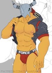 1boy armor bandai_namco blue_eyes bulge claws clothing crest_of_courage crests_(digimon) detailed_bulge digimon digimon_(species) hair headgear helmet hi_res jacket jockstrap male male_only nipples orange_body red_hair samaraka solo topwear underwear wargreymon