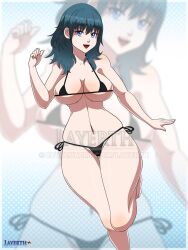 1girls bare_legs bikini black_bikini black_swimsuit blue_eyes breasts byleth_(fire_emblem) byleth_(fire_emblem)_(female) female female_only fire_emblem fire_emblem:_three_houses large_breasts layerth legs medium_hair nintendo open_mouth smile solo swimsuit teal_hair wide_hips