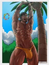 1boy abs armpits beard bulge bulge_through_clothing comfey exeggutor gay kukui_(pokemon) lupin_barnabi male male_only muscular_male muscular_thighs palm_tree penis_piercing piercing pokemon pokemon_sm solo stretching_arms swim_briefs swimwear v-line