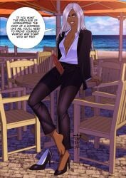 1futa anasheya artist_signature beach beach_background big_penis black_blazer black_high_heels black_pants black_shoes black_suit blazer blue_eyes breasts chair cleavage clothed clothing dark-skinned_futanari dark_skin english_dialogue english_text erection futa_only futadom futanari high_heels human large_penis long_hair looking_at_viewer mostly_clothed no_bra ocean_background one_bare_foot one_shoe_on open_shirt pantsuit penis red_toenails shoes smile smug solo solo_futa speech_bubble standing suit table text umbrella veiny_penis white_hair