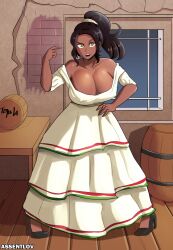 assentlov big_breasts breasts brown_hair dress hand_on_hip large_breasts mexican mexican_female nipple_bulge pointing_at_self white_dress