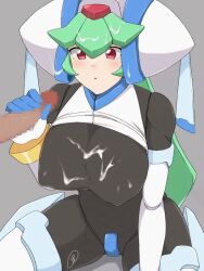 1boy 1girls 9rimson animated big_breasts blush bodysuit breasts crotch_plate cum cum_on_breasts green_hair handjob helmet mega_man mega_man_zx pandora_(mega_man) thick_thighs thighs