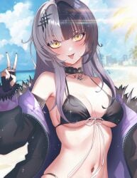 1girls bikini black_bikini black_hair choker closed_mouth cloud collar fingerless_gloves fur_trim hololive hololive_english hololive_english_-advent- jacket looking_at_viewer necklace open_jacket peace_sign shiori_novella sk_jynx solo solo_female split-color_hair tongue tongue_out virtual_youtuber water white_hair yellow_eyes