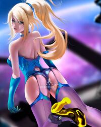 alternate_costume ass blonde_hair blue_eyes boots garter_straps high_heel_boots high_heels illasvyel looking_at_viewer looking_back metroid samus_aran