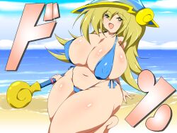 1girls beach bikini blonde_hair dark_magician_girl huge_breasts kiti large_breasts nipple_bulge plump yu-gi-oh!_duel_monsters