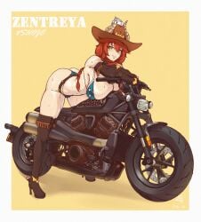 american_flag_bikini cowboy_hat dat_ass dragon dragon_girl female_only heels huge_breasts motorcycle red_hair virtual_youtuber vshojo xuxu_(artist) zentreya