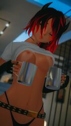 3d belly_piercing belt breasts gloves horns panties piercing red_hair succubus tanline tits vrchat wundervrc