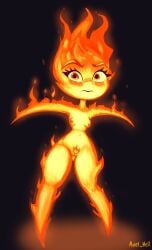 axel_hell black_background breasts disney elemental_(pixar) elemental_creature elemental_humanoid ember_lumen featureless_feet featureless_hands female fire fire_creature fire_humanoid frown genitals hi_res humanoid looking_at_viewer not_furry nude pixar pussy simple_background small_breasts solo