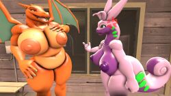 3d_(artwork) angry anthro argue bbw belly big_breasts big_nipples breasts charizard chunky cross-popping_vein digital_media_(artwork) duo female female/female generation_1_pokemon generation_6_pokemon goodra hi_res humanoid lizardon mature_female nintendo nipples nude numelgon pokémon_(species) pokemon pokemon_(species) source_filmmaker valve wolfyxcharged00