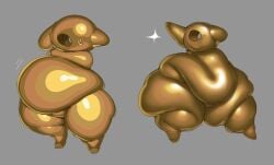 alien ambiguous_gender armless belly_focus big_belly big_thighs chub chubby fat fat_rolls fat_thighs gold_body goo_creature grey_background large_belly mintrimo nintendo obese overweight pikmin pikmin_3 plasm_wraith shiny_skin sweat sweating tagme virus yellow_skin