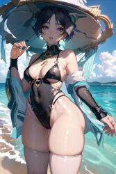 1girls ai_generated bikini black_hair blue_eyes female genderswap_(mtf) genshin_impact rule_63 scaramouche_(genshin_impact) small_breasts space_o_space stable_diffusion