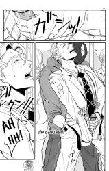 2boys blush censored_penis closed_eyes comic diamond_is_unbreakable doujinshi english_text erection gay jojo's_bizarre_adventure lastcrime male male_only on_train open_mouth penis speech_bubble text train_panic_(comic) unbuckled_belt yaoi yoshikage_kira