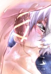 2boys balls blowjob blue_lock blushing crying face_closeup fellatio fluids gay gay_sex genital_fluids genitals mafo male male_only nagi_seishiro sucking sucking_penis white_hair yaoi