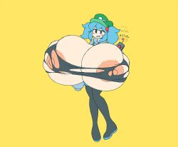 breast_expansion bursting_breasts bursting_clothes gigantic_breasts grin hyper_breasts machine metachoke nervous_grin nipples_outside nitori_kawashiro red_button ripping_clothing sequence sweatdrop touhou