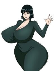 1female 1girls big_breasts black_hair black_lipstick breasts breasts_bigger_than_head cleavage curvaceous curves curvy curvy_female curvy_hips dark_hair esper fair-skinned_female fubuki_(one-punch_man) full_figured fully_clothed green_dress half-closed_eyes hand_up hourglass_figure huge_breasts massive_breasts momiji_(artist) one-punch_man short_hair simple_background skin_tight slightly_chubby thick_as_fuck thick_hips thick_thighs venus_body voluptuous voluptuous_female white_background wide_hips wide_thighs