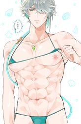 1boy alhaitham_(genshin_impact) big_breasts bikini bulge crossdressing genshin_impact green_bikini japanese_text kedama_(artist) male male_in_bikini male_only micro_bikini muscular muscular_male nipples showing_nipple speech_bubble tight_bikini