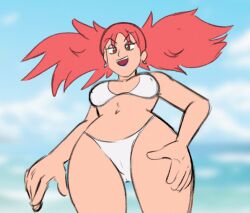 1girls bikini breasts earrings edit iroaya_madoi lipstick low-angle_view makeup mega_man mega_man_battle_network ms._madd ninoeros pink_hair self_upload thighs third-party_edit white_bikini wide_hips