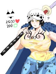 angry big_breasts bikini black_bikini black_hair black_panties blue_fur blush breasts breasts_bigger_than_head canon_genderswap clothing confused female female_only hat looking_at_viewer mialuv2draw one_piece rule_63 shiku_shiku_no_mi short_hair shounen_jump sword thick_ass thick_thighs trafalgar_law trafalgar_law_(female) wet wet_clothes