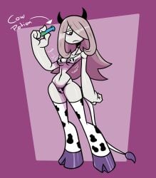 1girls ass_expansion breast_expansion cow_print cow_print_bikini cow_print_bra cow_print_leggings cow_print_legwear cow_print_panties cow_stockings fake_cow_horns fake_horns female female_only fujiweeb grey_skin holding_potion little_witch_academia long_hair purple_eyes purple_hair small_breasts solo solo_female sucy_manbavaran