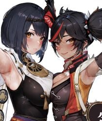 2girls ai_generated arm_up armpits asymmetrical_docking bangs bird_mask black_bodysuit black_hair blush bodysuit braid breast_curtain breast_press breasts breath cleavage closed_mouth clothing_cutout dark-skinned_female dark_skin earrings from_side genshin_impact gold_trim hair_between_eyes hair_ornament japanese_clothes jewelry kimono kujou_sara large_breasts lips looking_at_viewer mask mask_on_head medium_breasts multicolored_hair multiple_girls red_hair red_mask sash shirt short_hair short_twintails simple_background sleeveless smell smile spikes stable_diffusion steam steaming_body sweat swept_bangs tassel upper_body white_background xinyan_(genshin_impact) xinyandegen yellow_eyes