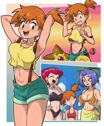 3girls armpits bikini bra breast_envy centinel303 cleavage comic epic_fail female genderswap_(mtf) james_(pokemon) jessie_(pokemon) kasumi_(pokemon) large_breasts midriff multiple_girls navel panties pokemon rule_63 thick_thighs wide_hips