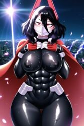 1boy abs ai_generated arms_behind_back boku_no_hero_academia cape cherry_blossoms choker cityscape close-up falling_petals female_focus from_below hair_between_eyes headgear high_resolution highres large_breasts latex lens_flare lightning looking_at_viewer mouth_mask muscular_female my_hero_academia nai_diffusion nana_shimura narrow_waist navel nipples original_character pilot_suit pink_hair pov skyrimgamer17 stable_diffusion thick_thighs wide_hips yellow_eyes