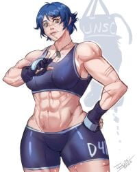 1girls 2d_(artwork) abs blue_hair breasts child_bearing_hips clothing halo_(series) hips large_breasts mary-d41 medium_hair muscular_arms muscular_female muscular_thighs scars simple_background spartan_(halo) sweatdrop texd41 thick_thighs thighs tummy unsc wide_hips yellow_eyes