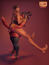 3d 3d_(artwork)braided_hair chieko_(yikes) dark-skinned_female dark_skin dickgirl dickgirl/female dreadlocks futa_on_female futanari height_difference huge_ass huge_breasts huge_cock long_arms long_fingers long_legs stirrup_legwear taller_girl thick_thighs thighhighs thighs yikes