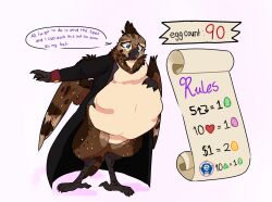 absurd_res anthro avian avian_feet bird blue_eyes bottomless clothed clothing dungeons_and_dragons e621 embarrassed female hasbro hi_res humanoid locknvt osma owl owlin pregnant pregnant_female shocked_expression solo speech_bubble spread_legs spreading surprised_expression wings wizards_of_the_coast