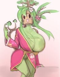 anthro areolae areolae_slip bath_robe big_breasts blaster_master blush blush_stickers breasts breasts_out clothed clothing curvy female flora_fauna flower green_body green_skin huge_breasts humanoid kanna_(blaster_master) leaf mob_face mystical nipple_bulge nipple_slip plant plant_humanoid plantie plantpenetrator robe skimpy solo video_games voluptuous wardrobe_malfunction