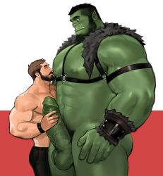 abs balls beard big_balls big_muscles big_pecs big_penis black_hair blush bottomwear brown_hair clothing dopq duo erection facial_hair gay genitals green_body hair handjob harness hi_res huge_cock human human_male human_on_humanoid humanoid humanoid_pointy_ears interspecies larger_humanoid larger_male light-skinned_male light_skin male male/male male_only mammal muscular navel nipple_fetish nipple_play nipple_suck nipples nude orc orc_male pants pecs penile penis pubes sex size_difference smaller_human smaller_male sucking tusks