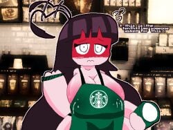 apron_only barista big_breasts blush employee employee_uniform iced_latte_with_breast_milk lactation leaking_milk mysticalgarnet starbucks