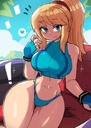 1girls artist_signature bikini bikini_bottom blonde_hair blue_clothing blue_crop_top blue_eyes blue_gloves blue_panties blue_topwear blush exclamation_point eyebrows_visible_through_hair female female_only fingerless_gloves heart highleg highleg_bikini highleg_panties light-skinned_female looking_at_viewer metroid nintendo no_pants ponytail samus_aran sleeveless sleeveless_shirt solo solo_female speech_bubble thunder_thighs toned_female toned_stomach tony_welt wide_hips