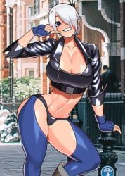 1girl 1girls akisu_k angel_(kof) belly_button big_breasts biker_jacket black_clothing blue_eyes chaps fanart female gloves hair_over_one_eye hips king_of_fighters latina leather_jacket mexican pose short_hair silver_hair smiling smiling_at_viewer snk thick_thighs thighs thong voluptuous voluptuous_female