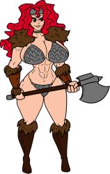 axe barbarian big_breasts bikini_armor curvy_figure red_hair red_sonja thick_thighs wide_hips