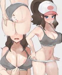 1girls absurd_res absurdres ass big_ass blue_eyes bra breasts brown_hair bubble_butt collage female game_freak gatchan hat hilda_(pokemon) large_ass large_breasts long_hair long_ponytail nintendo nipples_visible_through_clothing panties pokemon pokemon_bw ponytail solo sports_bra sweat sweaty undressing