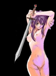 1girls arms_behind_head breasts brown_eyes completely_nude completely_nude_female cross-empire fire_emblem fire_emblem:_genealogy_of_the_holy_war holding holding_sword holding_weapon larcei_(fire_emblem) looking_at_viewer medium_breasts navel nude purple_hair pussy simple_background solo