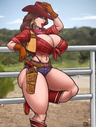 1girls alternate_version_available big_breasts breasts cleavage clothing cowboy_hat cowgirl cowgirl_outfit eyeshadow female female_only firearm footwear front-tie_top gun handgun handwear headwear huge_breasts human jean_shorts lips lipstick mario_(series) nintendo pale_skin pauline purple_eyeshadow raiounsfw red_lipstick revolver solo super_mario_odyssey thick_thighs thighs weapon