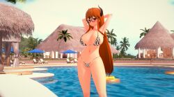 big_breasts big_butt cow_girl cow_girl_outfit cow_print cow_print_bikini glasses hidekimotto horns koikatsu large_breasts light_skin long_hair looking_at_viewer orange_hair partially_visible_nipples persona persona_5 pinup poolside purple_eyes resort sakura_futaba sunny thick_ass thick_thighs