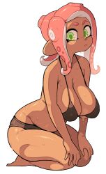 1girls agent_8_(splatoon) bikini breasts brown_skin cleavage female green_eyes horny huge_breasts kneeling long_ears long_hair looking_at_viewer nintendo octoling octoling_girl pink_hair simple_background splatoon splatoon_2 sweat sweaty_body tentacle_hair thick_thighs yuta_agc